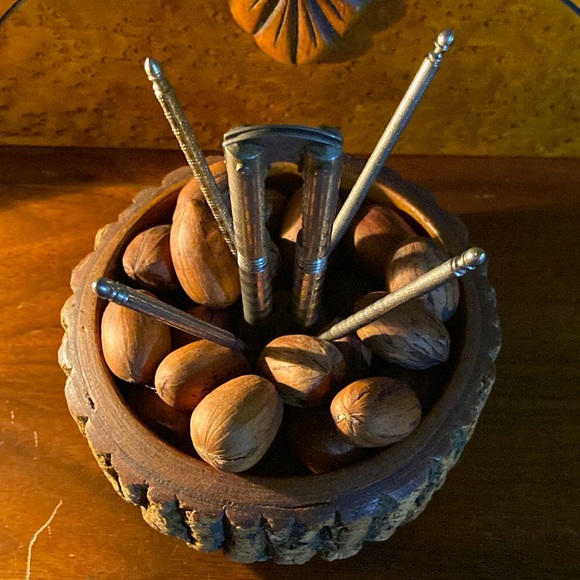 Vintage Nut Bowl with Nut Cracker Tool and 4 Picks - Picture 2 of 5